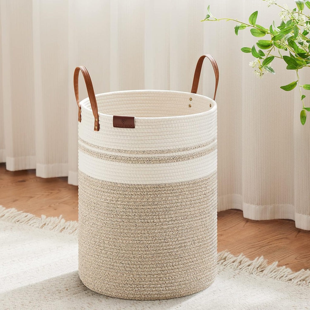 VIPOSCO Small Laundry Basket, Slim Baby Hamper with Leather Handle, Cute Woven Rope Storage Basket for Blanket, Kids Toy, Clothes In Living Room, Bathroom, Bedroom, Nursery Room - 30L Brown & White