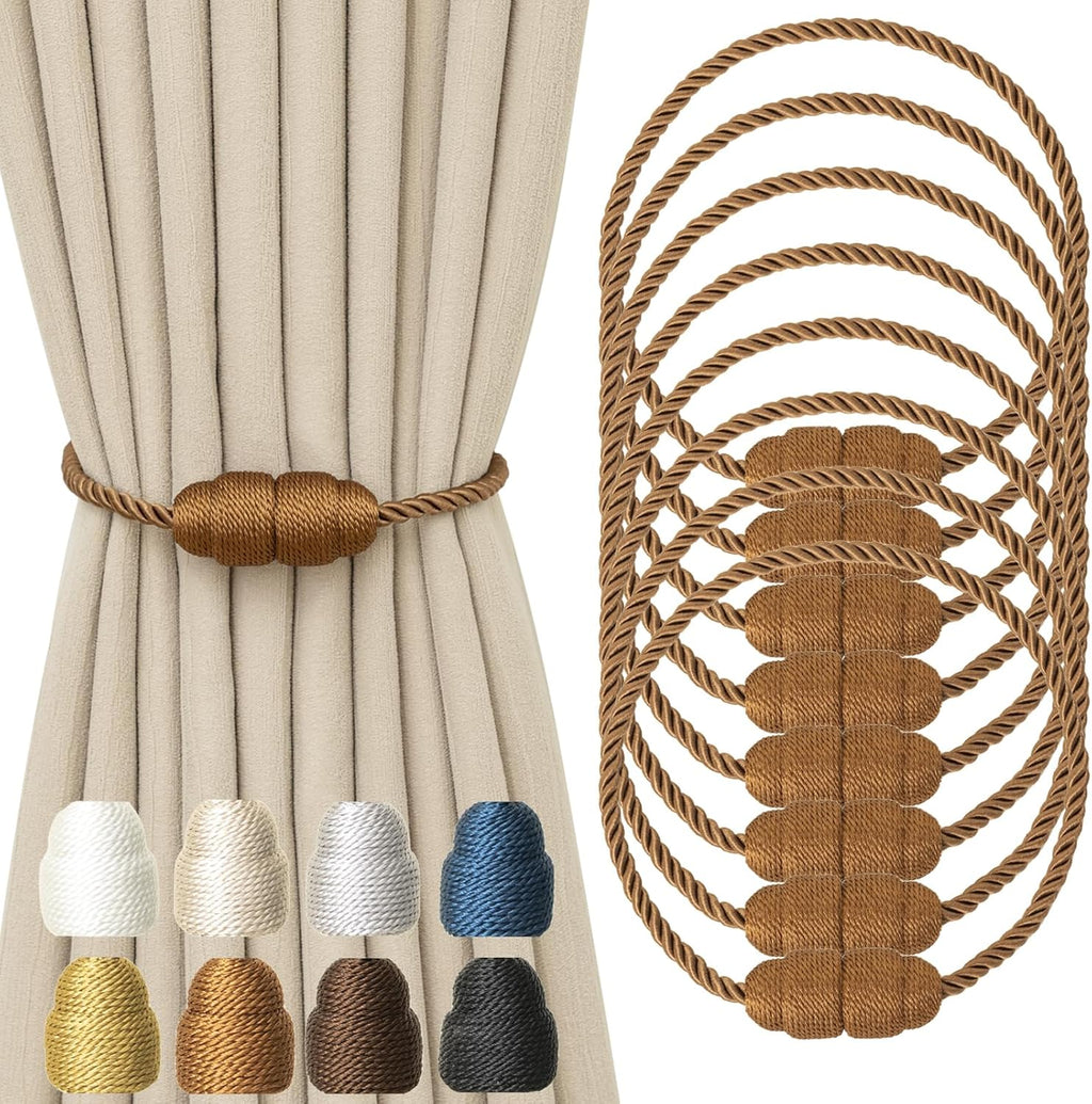Magnetic Curtain Tiebacks Rope Curtain Tie Backs for Curtains 8 Pack Curtain Holders for Drapes Decorative Window Curtain Holdbacks, Khaki