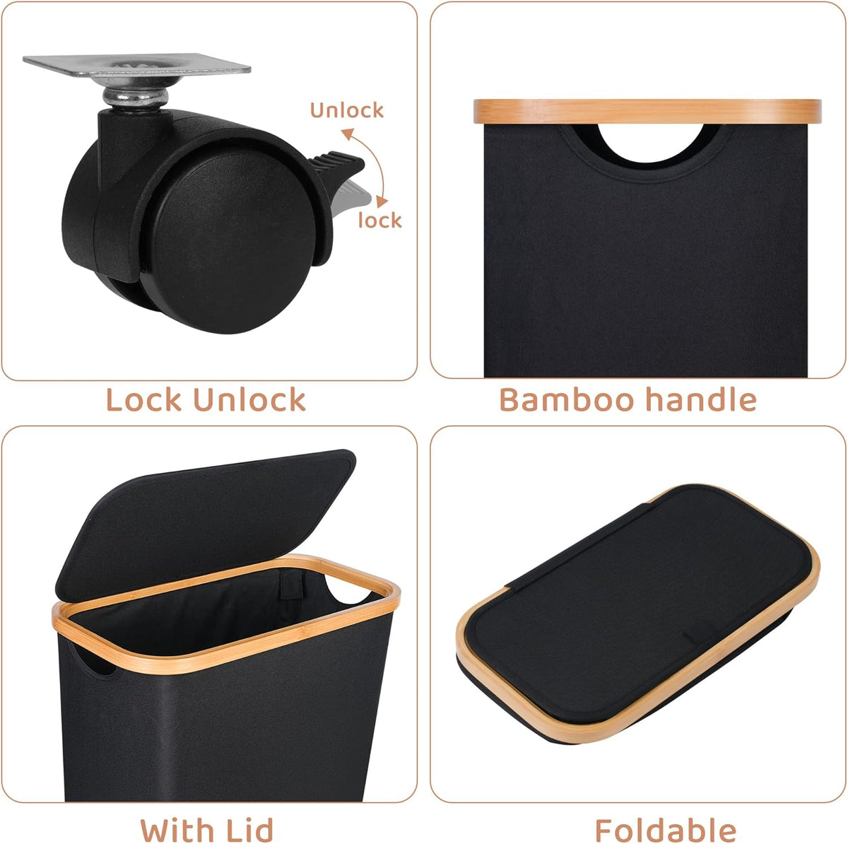Slim Laundry Hamper with Wheels,Narrow Hampers for Laundry,Freestanding Laundry Basket with Lid&Bamboo Handles,Collapsible & Waterproof Tall Cloth Hamper for Dorm Family(60L,Black)