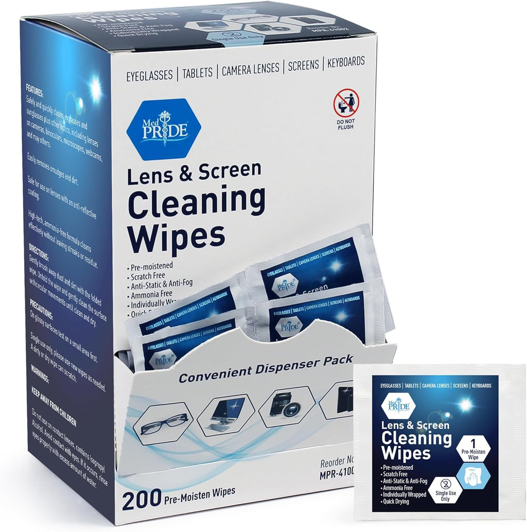 MED PRIDE Anti-Fog Lens and Screen Cleaning Wipes for Eyeglasses, Touch Screens, Premoistened, Anti-Static, Quick-Dry (200 200 Count (Pack of 1))