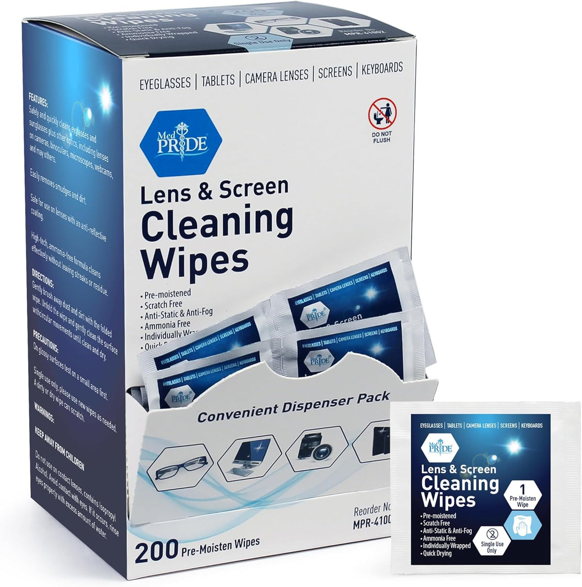 MED PRIDE Anti-Fog Lens and Screen Cleaning Wipes for Eyeglasses, Touch Screens, Premoistened, Anti-Static, Quick-Dry (200 200 Count (Pack of 1))