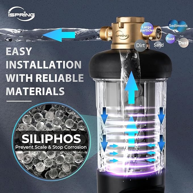 iSpring WSP100SL-ARJ, NSF Certified, Whole House Spin Down Sediment Water Filter Includes Siliphos Helps Prevent Scale and Corrosion, Clear Housing, Upgraded Jumbo Size With Touch-Screen Auto Flushing