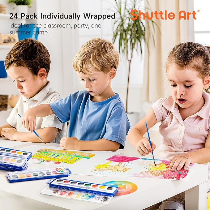 Shuttle Art 8 Colors Watercolor Paint Set, 24 Pack with Paint Brushes & Color Wheels, Washable for Kids & Adults, Suitable for Classroom, Parties, Kindergarten & Art Activities