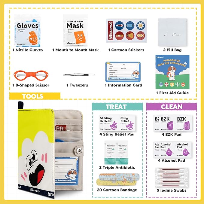 StBernard First Aid Kit for Kids, Small Pocket Size Medical Kit with Cute Bnadages, Tools for Daily Emergencies, Organized Pouch for Toddler & Children, Home, Camping, Travel, Playground(Yellow)