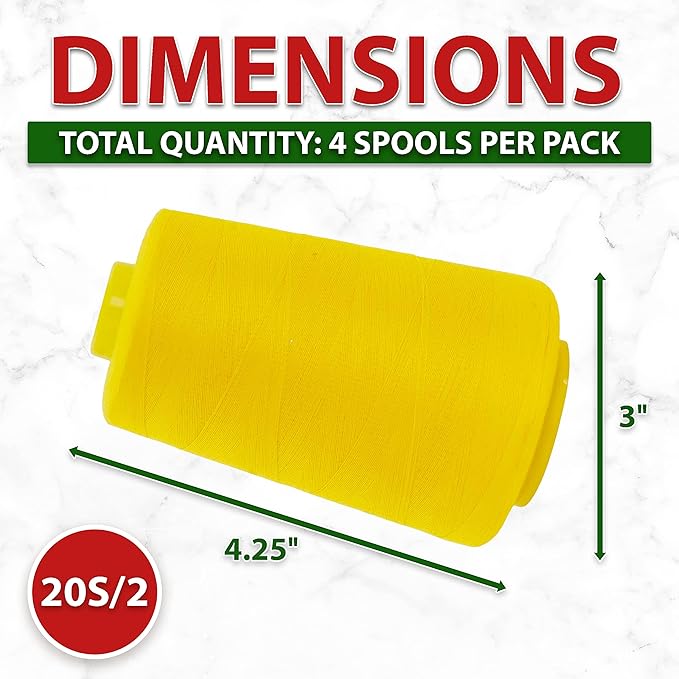 Mandala Crafts 4 Pack of Serger Threads Cones Spools - 20S/2 24000 Yards Polyester Yellow Threads for Sergers Machine and Overlock Quilting Sewing Machine