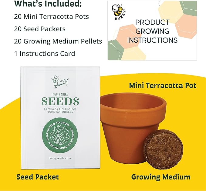 BUZZY Seeds Gardening Kits|Sunflower Seeds to Plant|Flower Starter Kit for Kids & Adults|Terracotta Mini Grow Pots|Bulk 20 Pack|Guaranteed to Grow|Wedding Favors|Teachers Gift