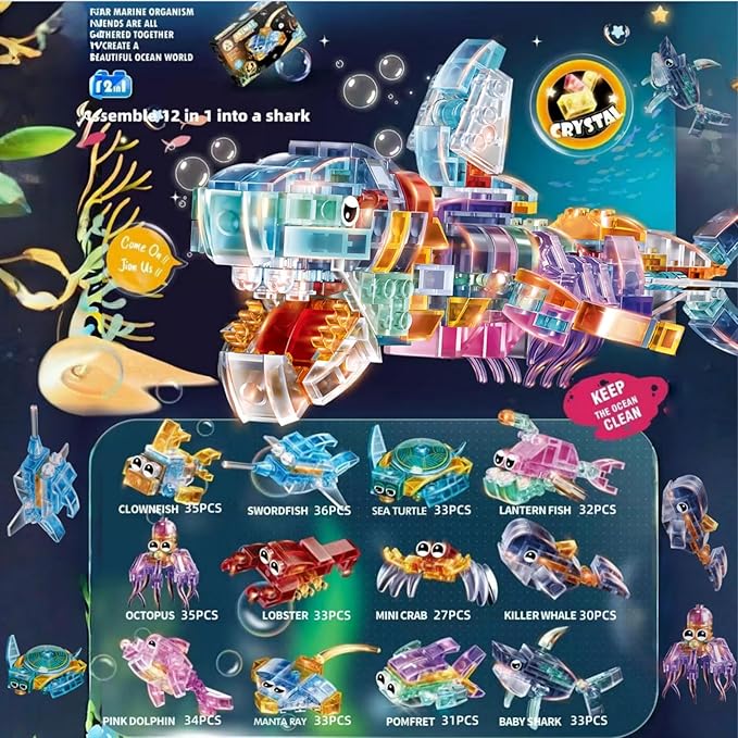 12 Pack Crystal Ocean Animal Party Favors for Kids 12 in 1 Mini Marine Animals Building Blocks Toys,Bulk Classroom Prizes Goodie Bag Fillers Christmas Easter Birthday Gift for Boys Girls Ages 6+