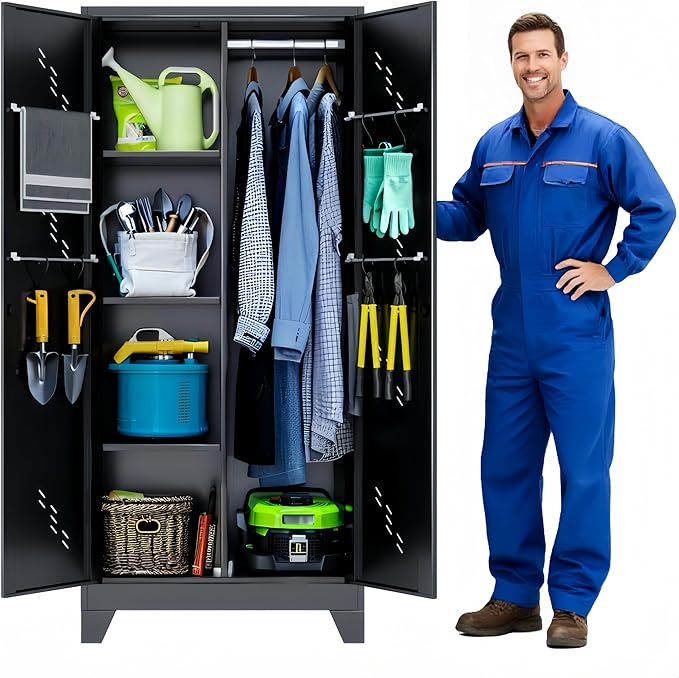 71" Outdoor Storage Cabinet – Heavy-Duty Lockable Metal Shed with Ventilated Doors, Perforated Stainless-Steel Bottom, Hanging Rod & Hooks, Easy Assembly