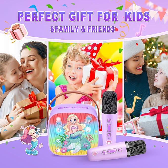 Mermaid Mini Karaoke Machine Toys: Kids Toys Girls Birthday Gifts Age 3-12+ LED Portable Bluetooth Speaker with 2 Wireless Microphone Gift Toy for 4 5 6 7 8 9 Years Old Girl Boy Kid Adult