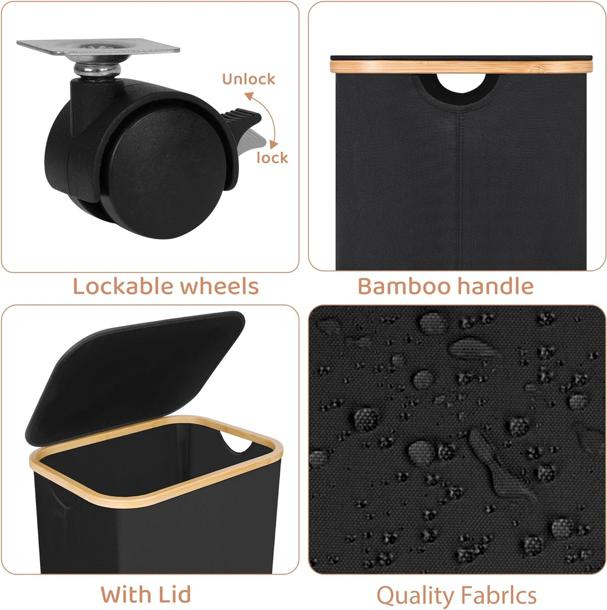 Laundry Basket with Wheels,100L Hampers for Laundry,Black Large Laundry Hamper with Lid and Bamboo Handles,Collapsible & Waterproof Tall Cloth Hamper for Dormitory Family