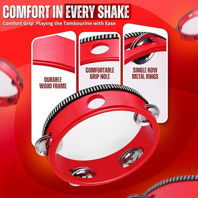 Flexzion Wooden Round Tambourine for Kids and Adults 6" Inch Single Row 8 Pair Jingles, Red Handheld Percussion Instrument for Beginner and Professional Tambourine Player