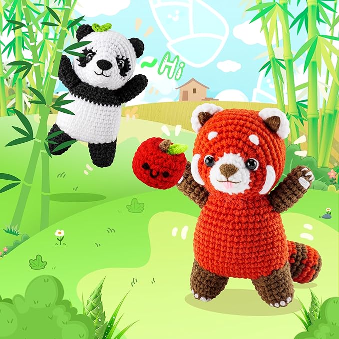 Crochet Kit for Beginners - 2PCS White and Red Panda Crochet Animal Kit with Step-by-Step Video Tutorials, Apple Crocheting Kit, Crochet Starter Kit for Kids and Adults, Beginners Knitting Kit