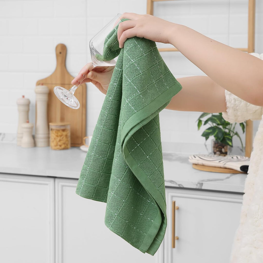 Homaxy 100% Cotton Terry Kitchen Towels(Grass Green, 20 x 28 inches), Checkered Designed, Soft and Super Absorbent Dish Towels, Large 4 Pack
