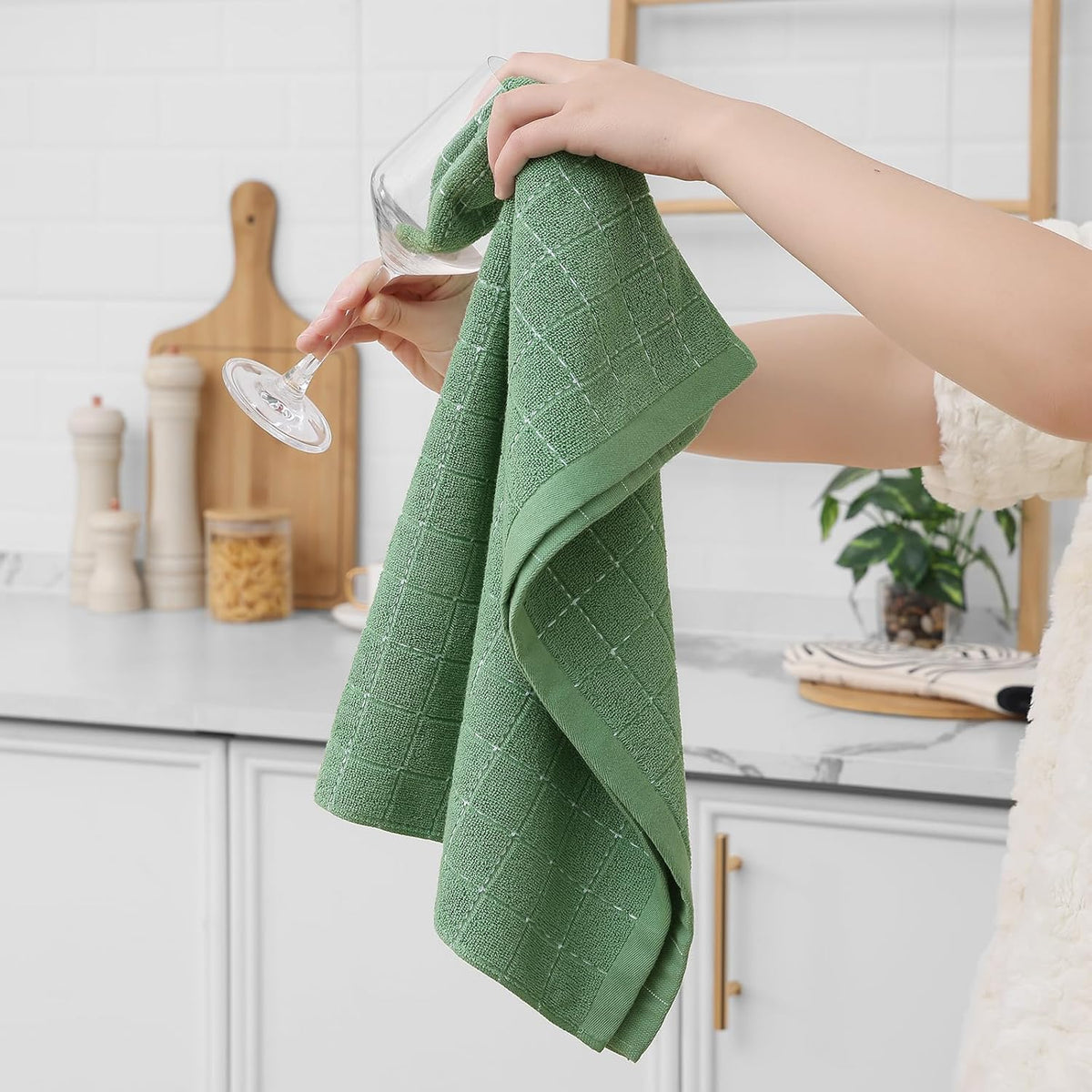 Homaxy 100% Cotton Terry Kitchen Towels(Grass Green, 20 x 28 inches), Checkered Designed, Soft and Super Absorbent Dish Towels, Large 4 Pack
