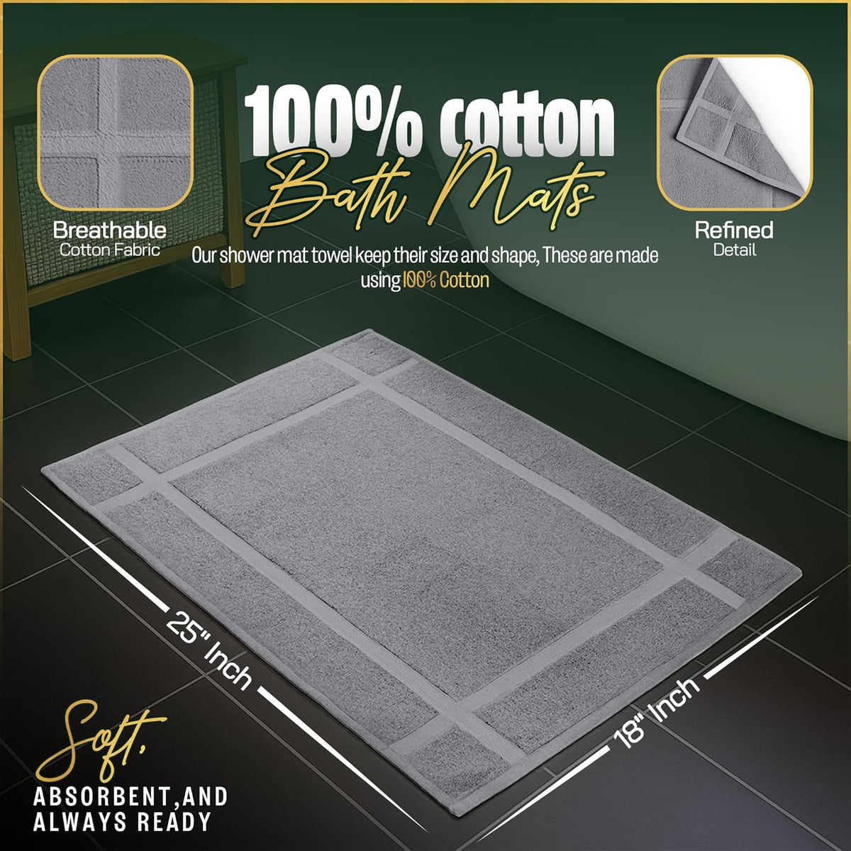 Pearl Linens Pack of 6 Washable Cotton Bath Mat 18x25 - Soft & Absorbent Quick Dry Bathroom Mat Set, Not Bathroom Rugs After Shower Mat, Terry Bath Tub Mat, 687 GSM Light Grey