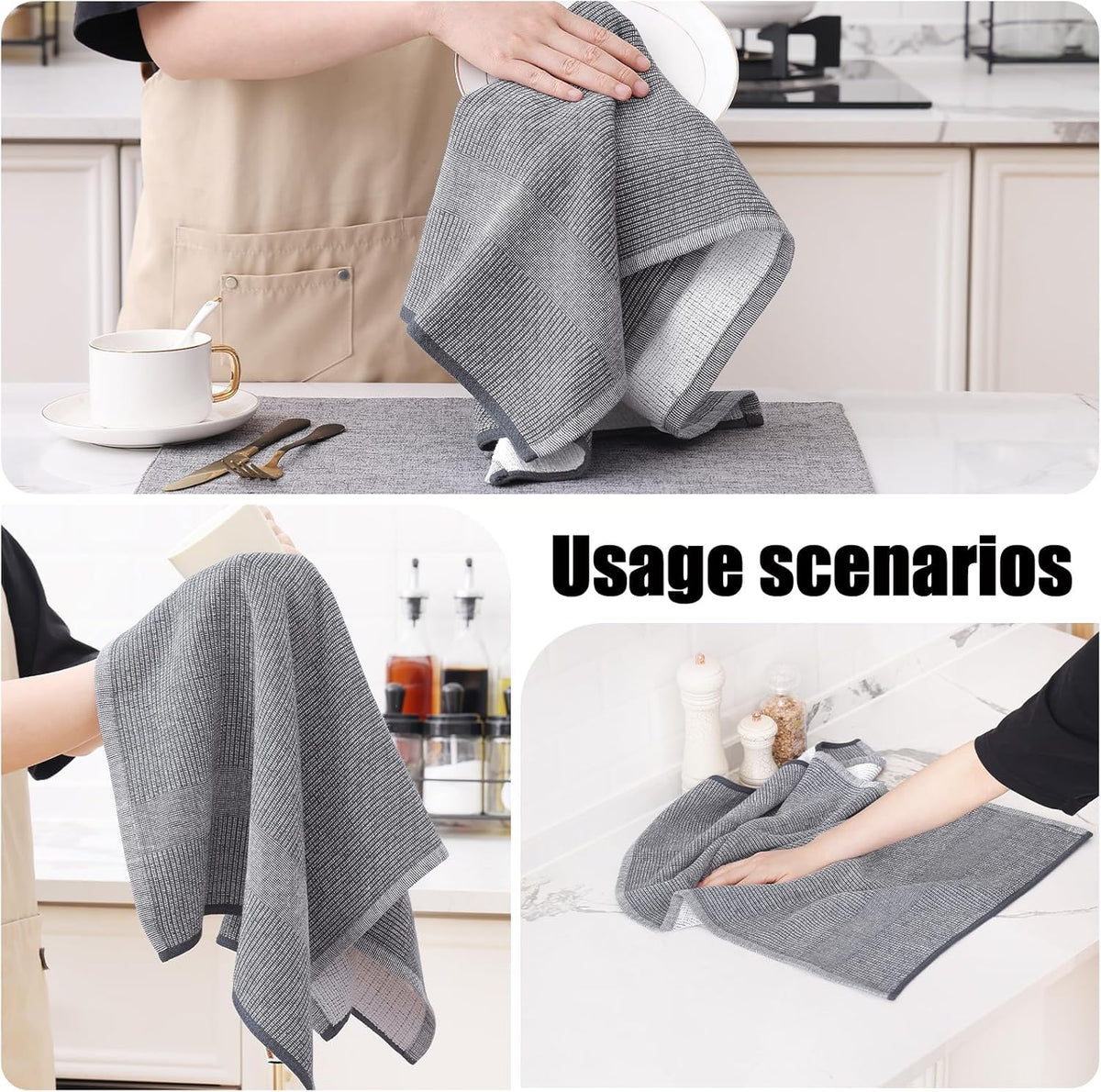 Homaxy Premium Kitchen Towels(18”x 28”, 6 Pack), Large Cotton Kitchen Hand Towels, Flat and Terry Dish Towels, 380 GSM Highly Absorbent Tea Towel Set with Hanging Loop, Grey