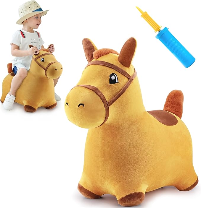 iPlay, iLearn Bouncy Pals Hopping Horse, Toddler Girl Boy Inflatable Bouncing Animal Hopper Toy, Outdoor Indoor Plush Ride on Bouncer, Baby Birthday Gift 18 Month 2 3 4 Year Old Kid - Horse