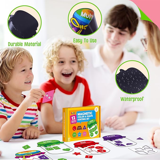 12 Pieces Magnetic Color Sorting Toys, 60 Color & Shape Magnets, Early Educational Sorting Set for Refrigerator Whiteboard Baby Toddlers Kids