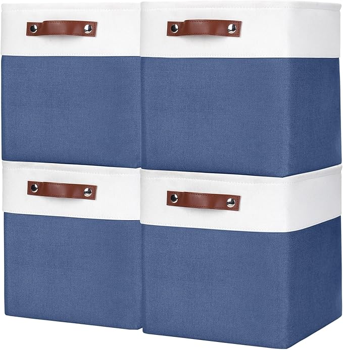 Collapsible Fabric Storage Cubes 11x11 Cube Storage Bins, 4 Pack Closet Baskets Box with Handles for Organizing, Shelf, Toys, Clothes, Home, Office, Nursery (Navyblue&White)