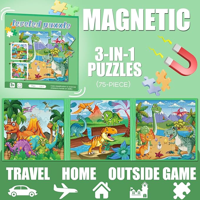 Magnetic Puzzles for Toddlers 3-5 , 75-Pieces Travel Toys , Dinosaur Puzzles Ages 4-6, Educational Learning Magnets, Road Car Trip & Airplane Activities Toys for 3 4 5 6 7 Girls Boys Gift