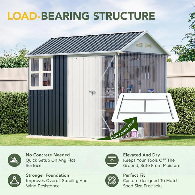 Breezz 6X8FT Outdoor Steel Storage Shed with Frame Floor,Clear Window, Lockable Doors, Weather-Resistant Metal Tool Shed for Garden, Backyard, Patio, and Utility Storage,Nightblue