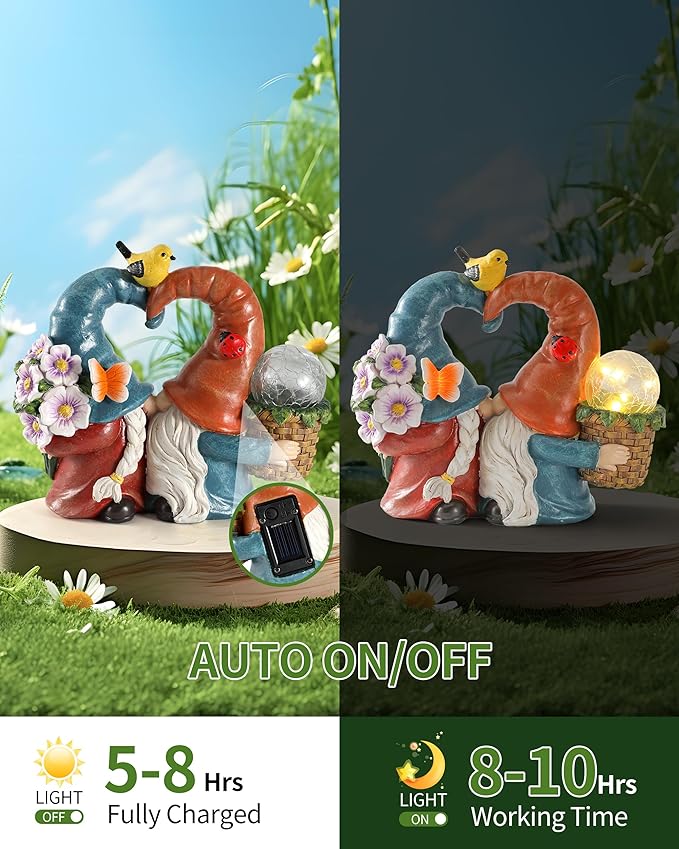 iStatue Solar-Powered 8.3'' Spring Summer Kissing Gnomes Decorations for Home & Garden - Decorative Outdoor Lawn Ornaments and Statues Clearance (Loved Gnomes)