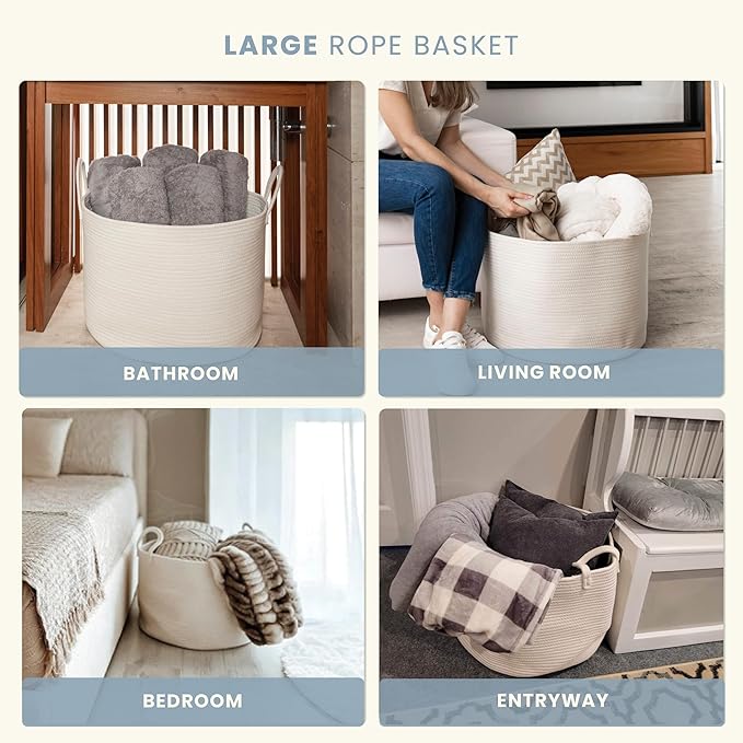 OrganiHaus Large Laundry Basket, Woven Cotton Rope Basket for Blankets, Toy Storage, Nursery Hamper, Living Room Decor Organizer, Soft & Durable Hamper with Handles, 20x13 inches - Off-White