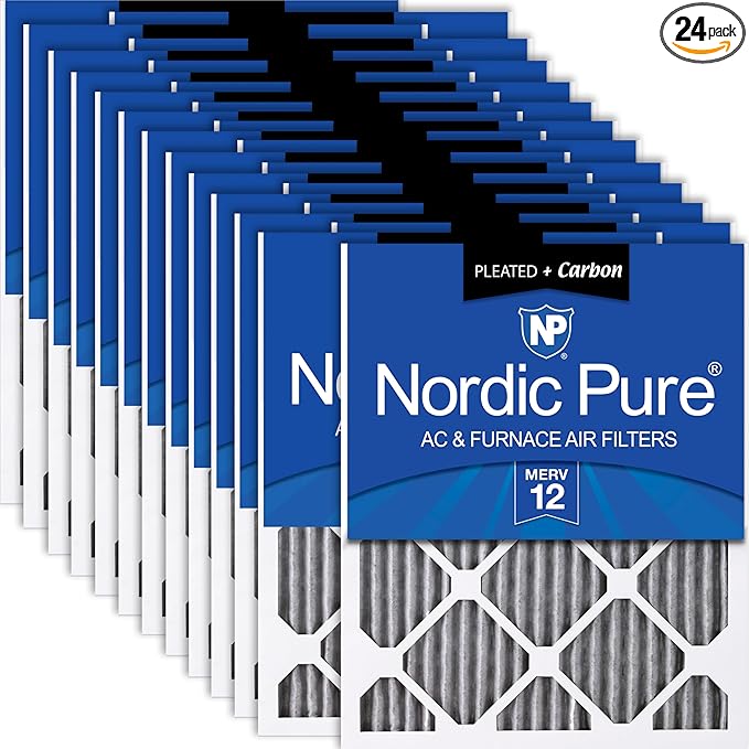 Nordic Pure 20x20x1 (Actual Size: 19 1/2 x 19 1/2 x 3/4) Furnace Air Filters MERV 12 Pleated Plus Carbon 24 Pack