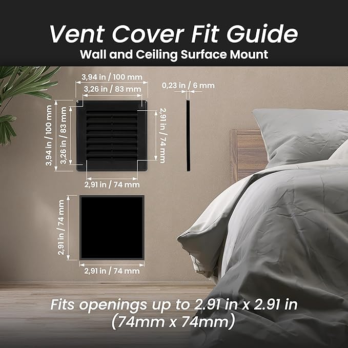 Repa Market 4 x 4 Inch (Outer) Black Square Air Vent Cover - Pack of 2 Plastic Fresh Air Intake Vent - AC Cover with Nylon Mesh Screen, Wall, Ceiling HVAC Return Air Register, Modern Soffit Vents