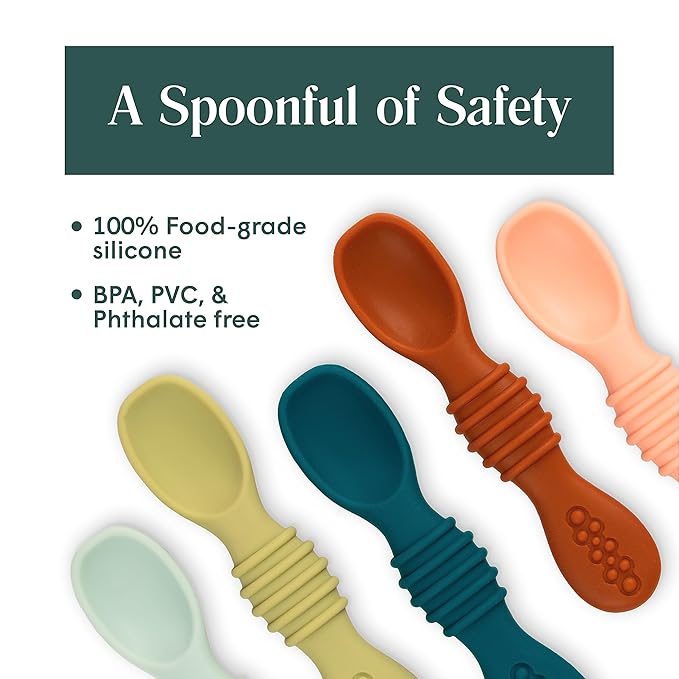Simka Rose Silicone Baby Spoons Self Feeding (6 Pack)- First Stage Infant Spoons for Babies & Toddlers- Baby Led Weaning Shallow Spoons- Easy on Gums- 6 Months+ -Dishwasher Microwave Safe