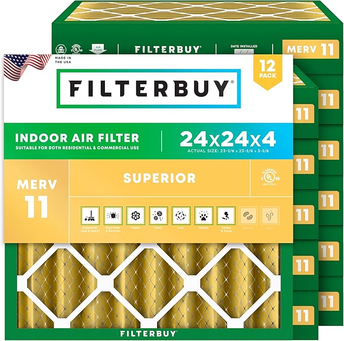 Filterbuy 24x24x4 Air Filter MERV 11 Superior Pet & Allergy Defense (12-Pack), Electrostatic Pleated HVAC AC Furnace Filters Replacement, Made in USA (Actual Size: 23.38 x 23.38 x 3.63)