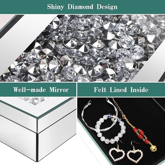 Luxury Mirrored Jewelry Box with Crushed Diamond - Glass Jewelry Box Organizer Storage for Women, Ring Holder Case for Dresser and Decorative