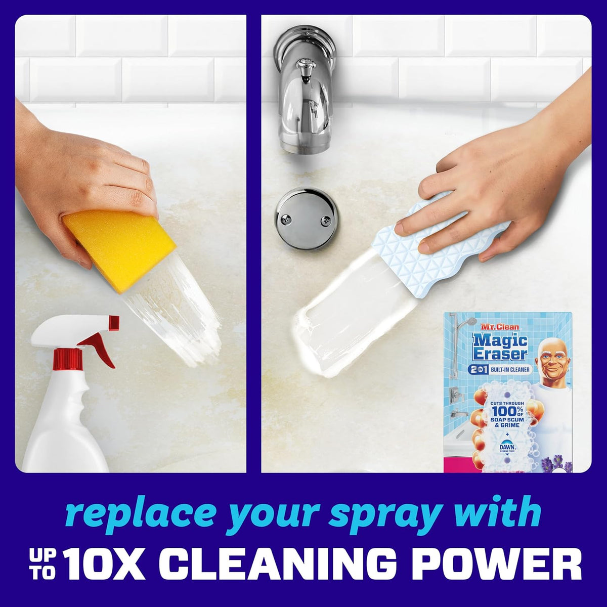 Mr. Clean Magic Eraser Sponge, Bathroom Cleaner, Soap Scum Shower & Tub Cleaner, 2 in 1 Bath, 7ct