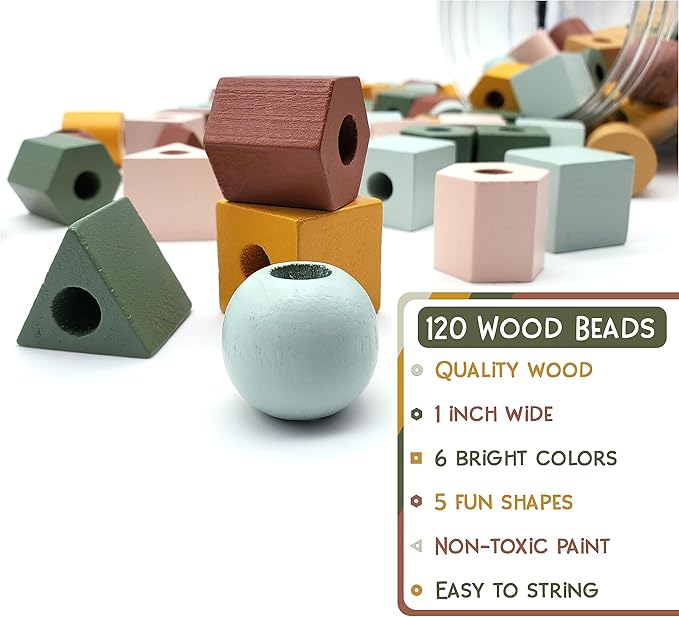 Wooden Lacing Beads & Strings 125 Pieces, Fine Motor Skills Toys for 3 Year Old, Boho Colors