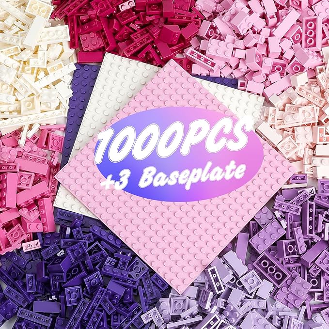 1000 Pieces Classic Building Bricks, Classic Stackable Base Plates, 3 6.3" x 6.3" White, Pink and Purple Base Plates, Compatible with All Major Brands, Toys for Ages 6-7-8-13 Girls