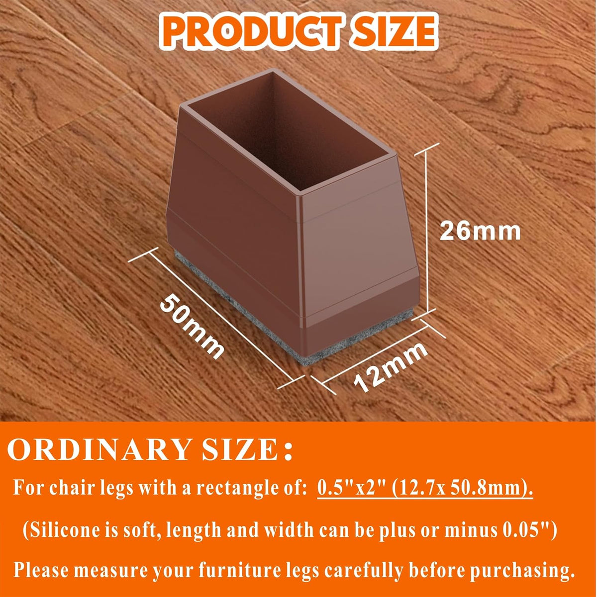 Rectangle Chair Leg Protectors for Hardwood Floors,16 PCS Silicone Covers to Protect Wood Tile Floors Felt Pads Furniture Leg Caps Reduce Noise. Easy to Move.(Brown,0.5 x 2 Inch,Rectangle)