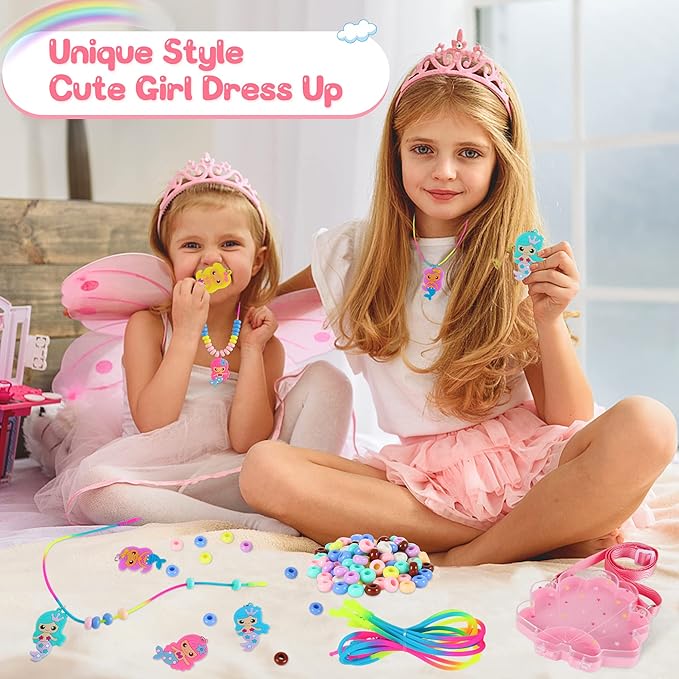 FLYINGSEEDS Mermaid Necklace Making Kit for Little Girls, Beads Jewelry Toys with Shoulder Box, Beaded Arts and Crafts Best Gifts for Toddlers Kids Age 3-5 4-6 7 8 9 10