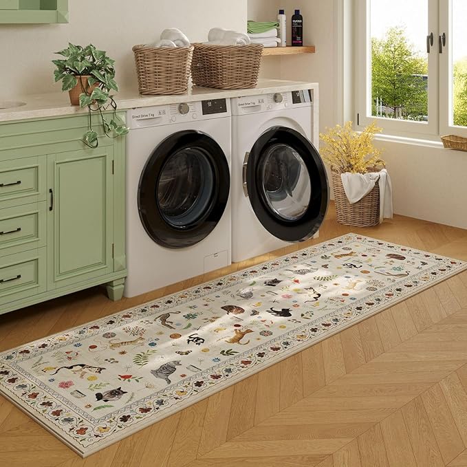 Rugcomf Runner Rug for Kitchen Non Slip 2'x6' Washable Rugs with Rubber Backing Soft Floral Animal Cat Carpet for Kitchen Laundry Bedroom Bathroom, Beige