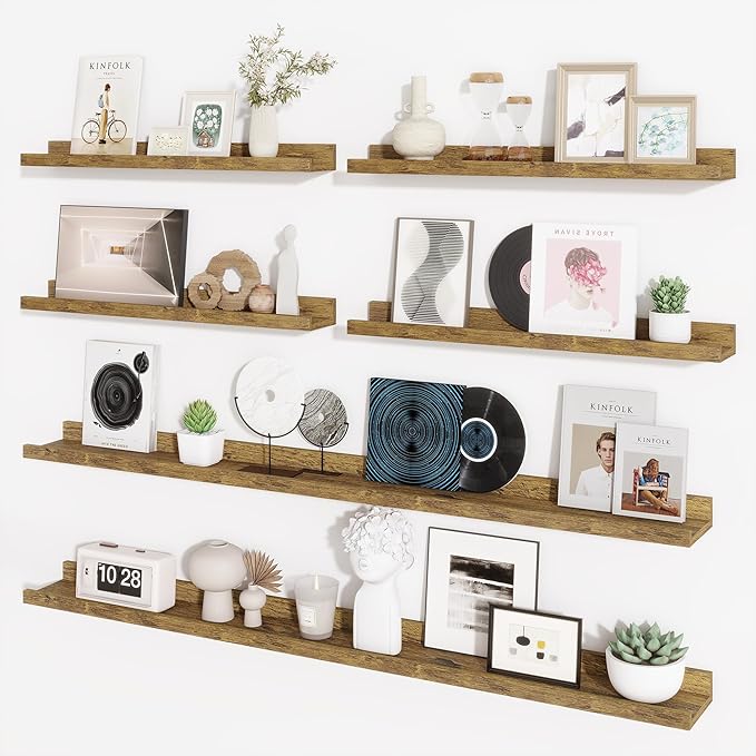 Axeman Picture Ledge Shelf, Floating Shelves for Wall Decor Set of 6, 55 inch Floating Wall Mounted Shelves, Shelves with Lip for Living Room, Bedroom, Nursery, Bathroom, Kitchen, Rustic Brown