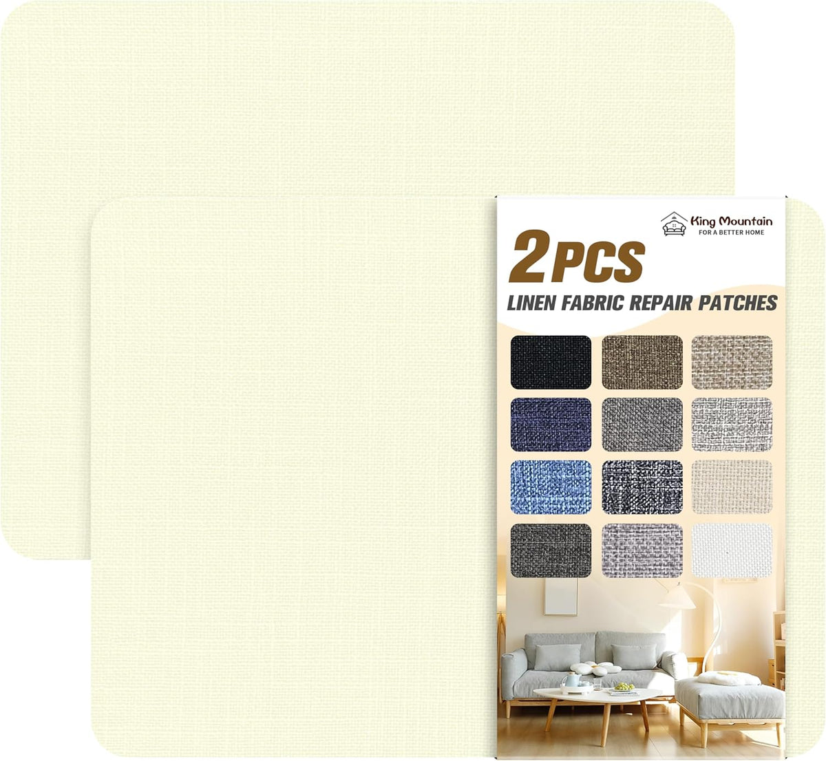 KING MOUNTAIN Fine Linen Fabric Patches, Self-Adhesive, 8x11 inch, 2 PCS, Multi Color, For Linen Sofa and Clothes Repair