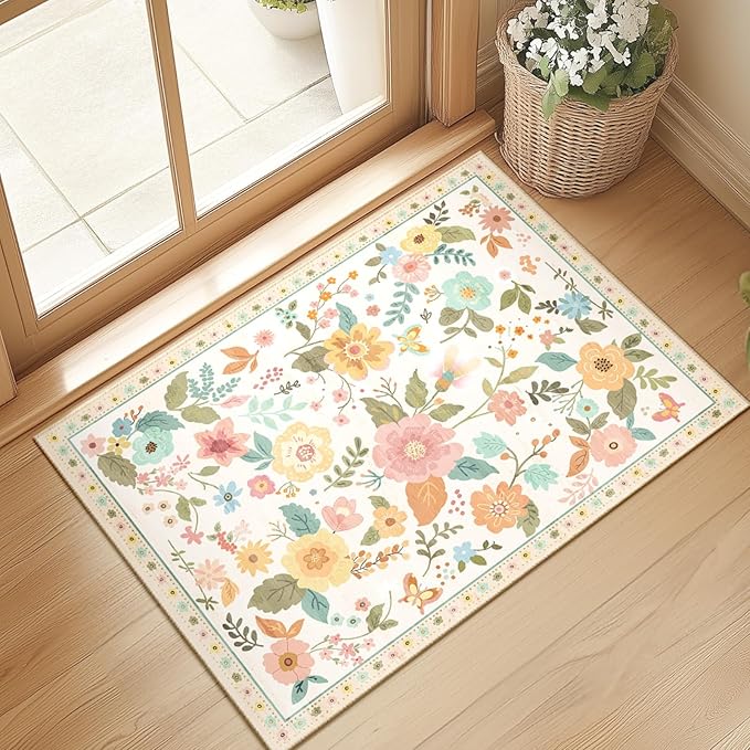 Floral 2x3 Area Rug Machine Washable Soft Print Boho Carpet Non Slip Doormat Low Pile Flower Area Rugs for Living Room Bedroom Nursery Kitchen Dining Room Indoor-Beige/White/Orange