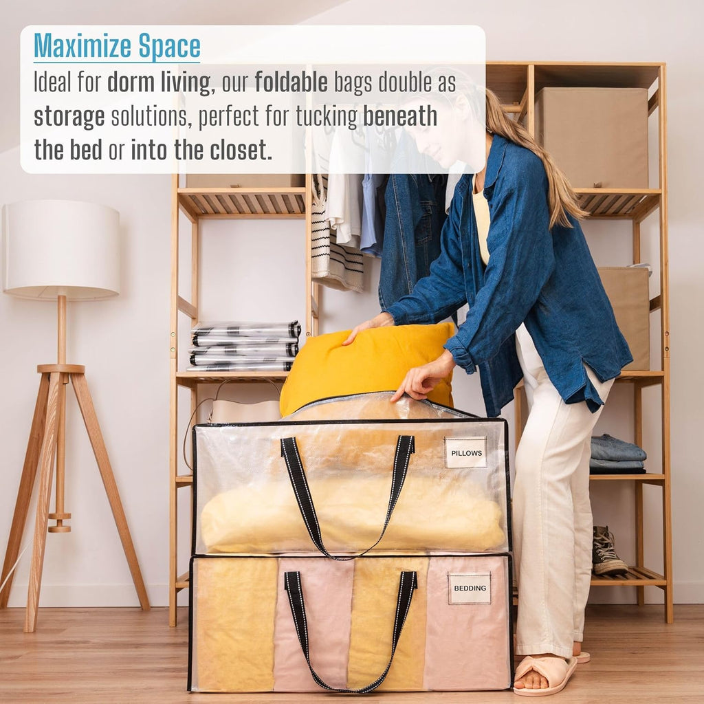 VENO 4 Pack Moving Bags Extra Large Storage Bags for College Move-In, Heavy-Duty Storage Totes, Packing Boxes, and Wardrobe Moving Supplies - Durable Laundry Bags for Clothes (Clear, 4 Pack)