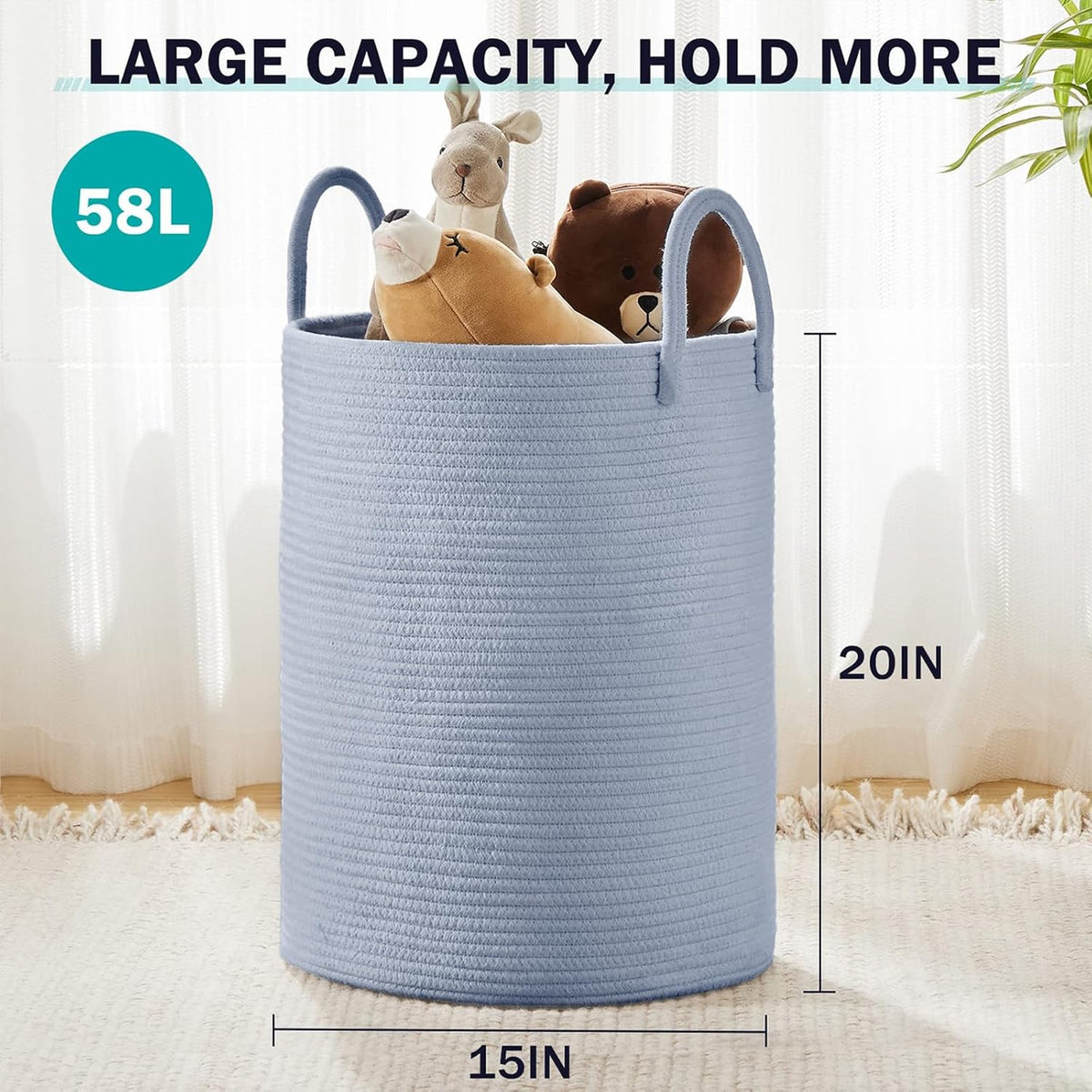 YOUDENOVA Laundry Hamper Basket, Woven 58L Tall Laundry Basket for Blanket Organizer- Nursery Hamper for Bedroom And Bathroom Storage