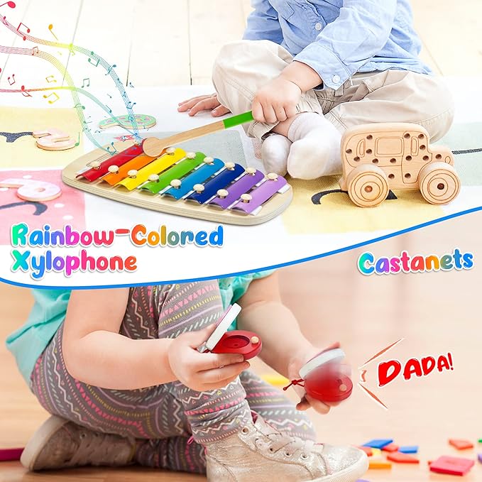 Kids Musical Instruments, 12pcs Wooden Musical Toys for Toddlers 2-4 with Xylophone Maracas Tambourine, Educational Baby Musical Toys Birthday Gift for 2 3 4 5 Years Old Girls Boys