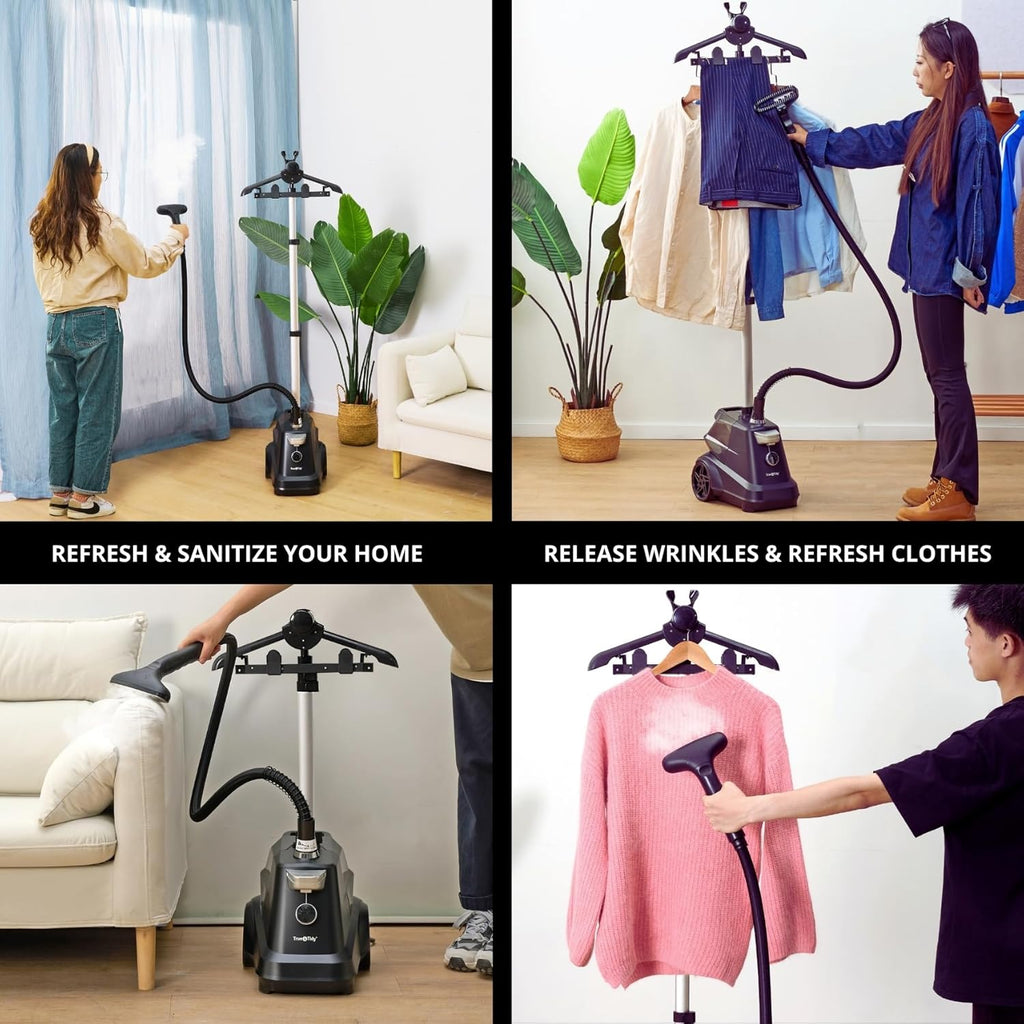 True & Tidy® Heavy-Duty Commercial Industrial Standing Garment Steamer for Clothes, 1800 watts, XL 3L water tank 90+ mins of Steam 3 Steam Settings, Step On/Off Control, Wheels for Easy Movement