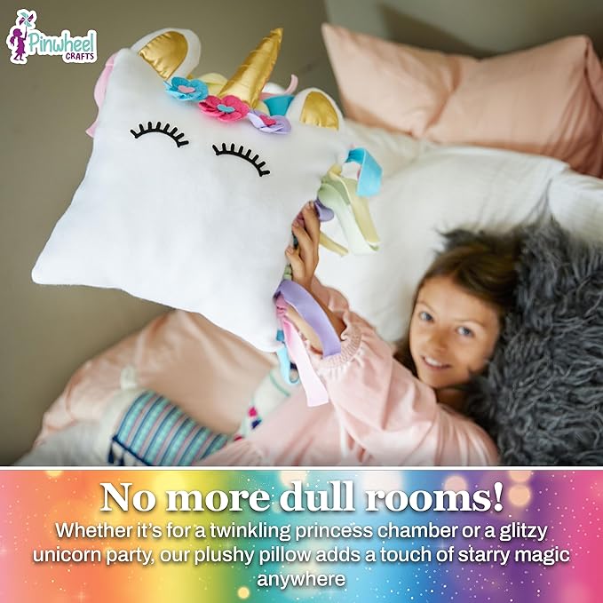 Pinwheel Crafts Unicorn Pillow Kit - DIY Arts and Crafts for Kids Ages 6 7 8-12+ Years, No Sewing Kit for Kids, Unicorn Pink Pillow Craft Kits for Birthday, Christmas Gifts for Girls