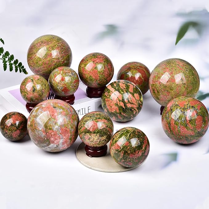 JIC Gem Large Real Crystal Ball with Decoation Stand Unakite Gemstone Sphere Ball for Meditation Energy Reiki Decoation Ball (90-100mm)