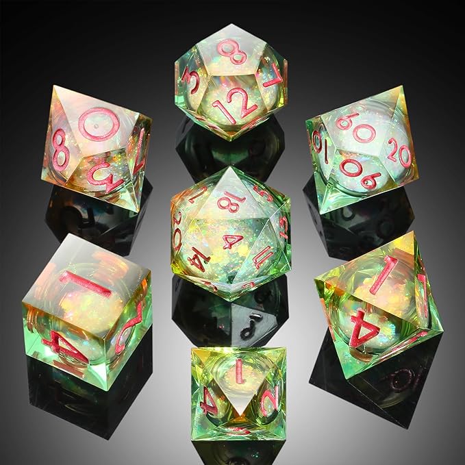 Glitter Liquid Core Sharp D&D Dice, DNDND Handmade Resin Sharp Edge DND Dice Set with Dragon Metal Gift Case for Dungeons and Dragon Tabletop Games (Liquid Yellow and Green)
