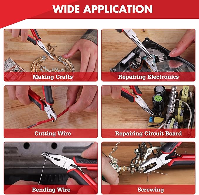 ARROW Mini Pliers Set, 6-Piece Precision Jewelry & Craft Kit – Includes Needle, Diagonal, Long, Bent, End Cutting & Lineman Pliers for Electronics, Crafts & DIY, with Pouch