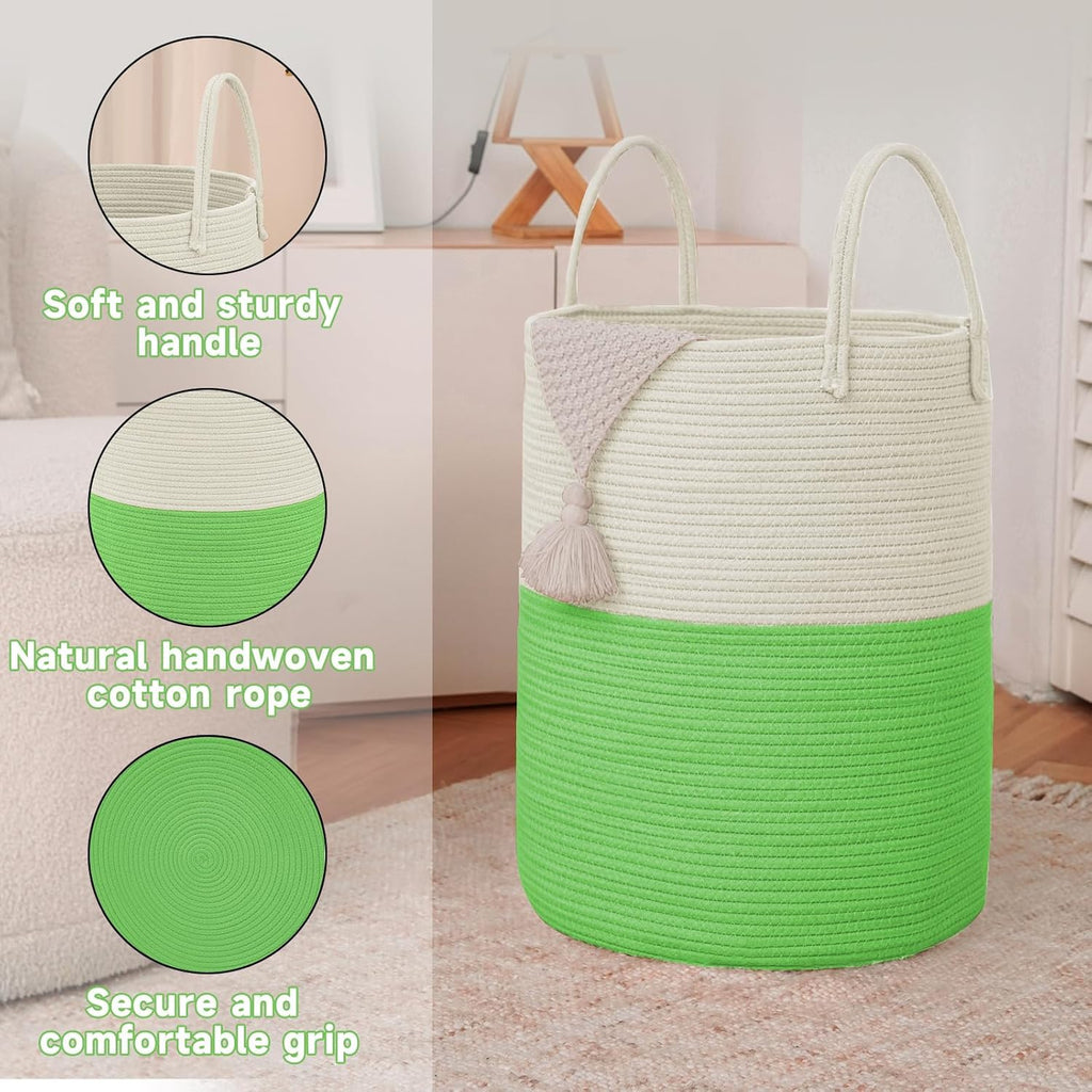 Large Woven Laundry Basket Hamper,60L Cotton Rope Storage Bin for Blankets,Toys and Clothes,Decorative Tall Nursery Hamper for Living Room,Baby Nursery,Bathroom and Bedroom,Light Green